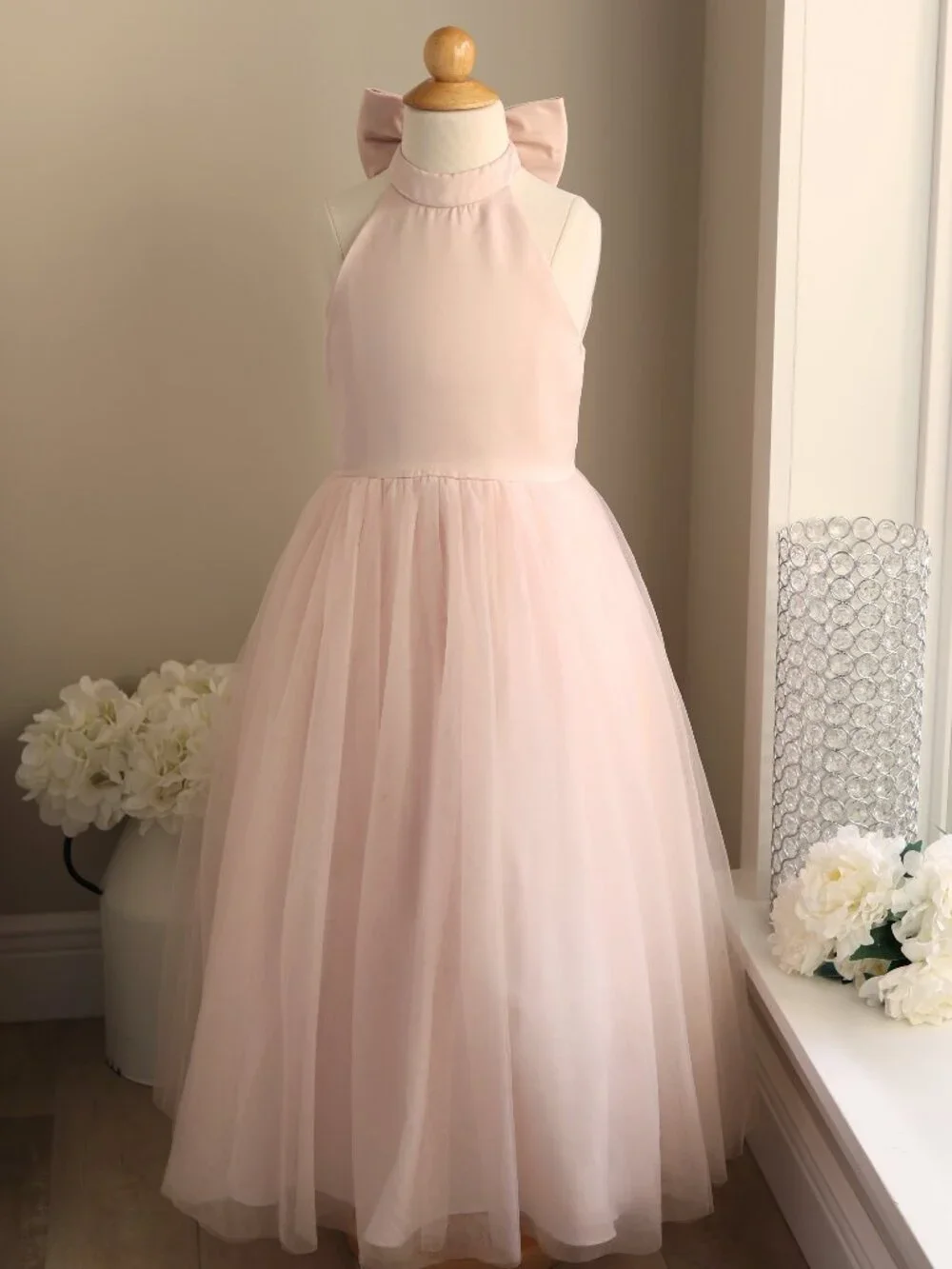 Pink Flower Girl Dress Satin Matte and Tulle Halter/Bow Neck size 8 NWT